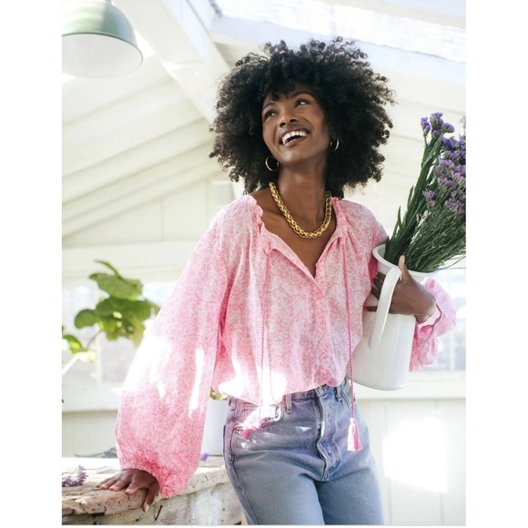 Emerson Fry India‎ Collection Pink Floral Block Print Bardot Peasant Top Large - Picture 12 of 12